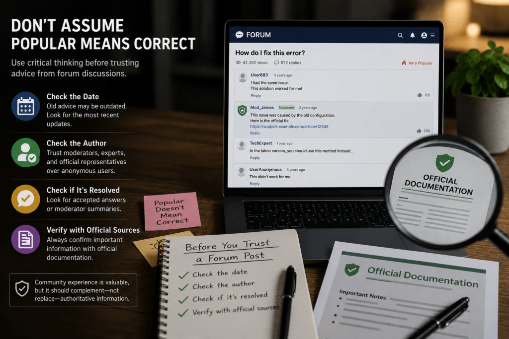 Magnifying glass comparing information from a popular online forum discussion with official documentation, illustrating the importance of verifying advice before relying on highly visible posts.